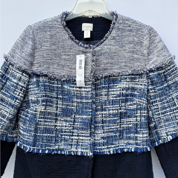 CHICO'S Tweed Longline Frayed Jacket Navy Blue Colorblock Size 0 (US 4/6 Small) - Picture 9 of 16